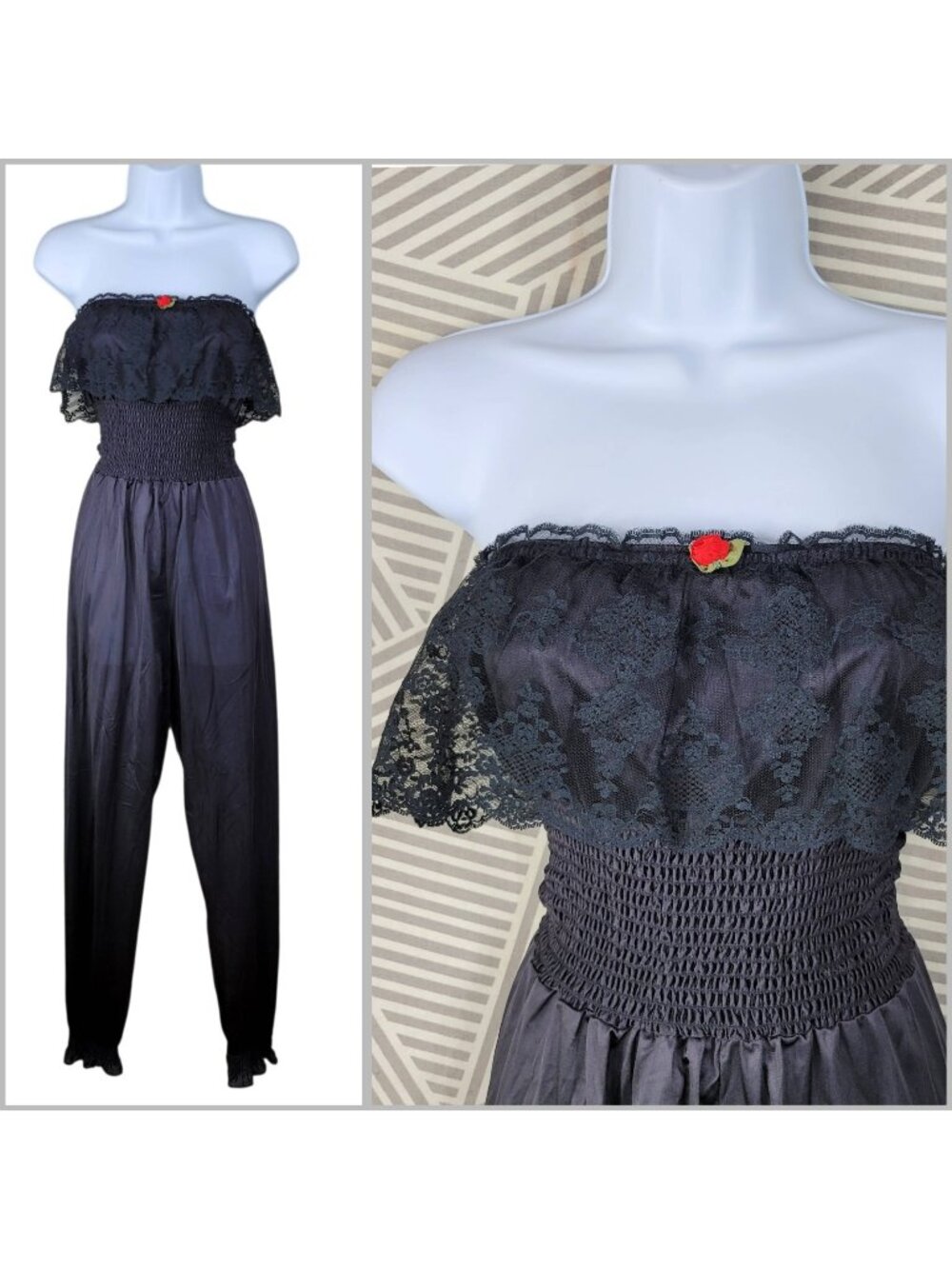 Vintage Jumpsuit Size Small Pants Lace Trim Sides Lingerie Lounge Playsuit Black